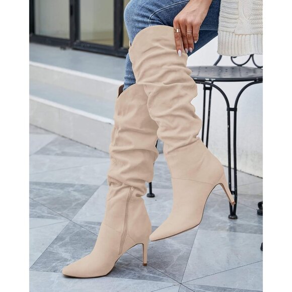Womens Faux Suede Beige Knee High Almond Toe Side Zipper Stiletto Heel Booties - Picture 2 of 6